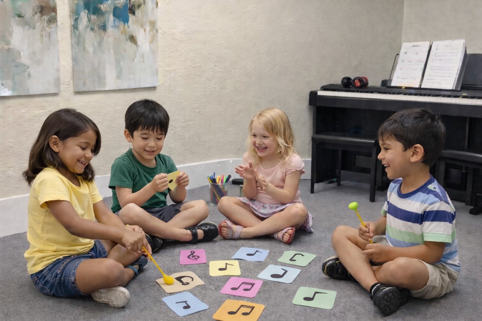 Young kids sitting on the floor with music note cards during Little Keynotes beginner piano class